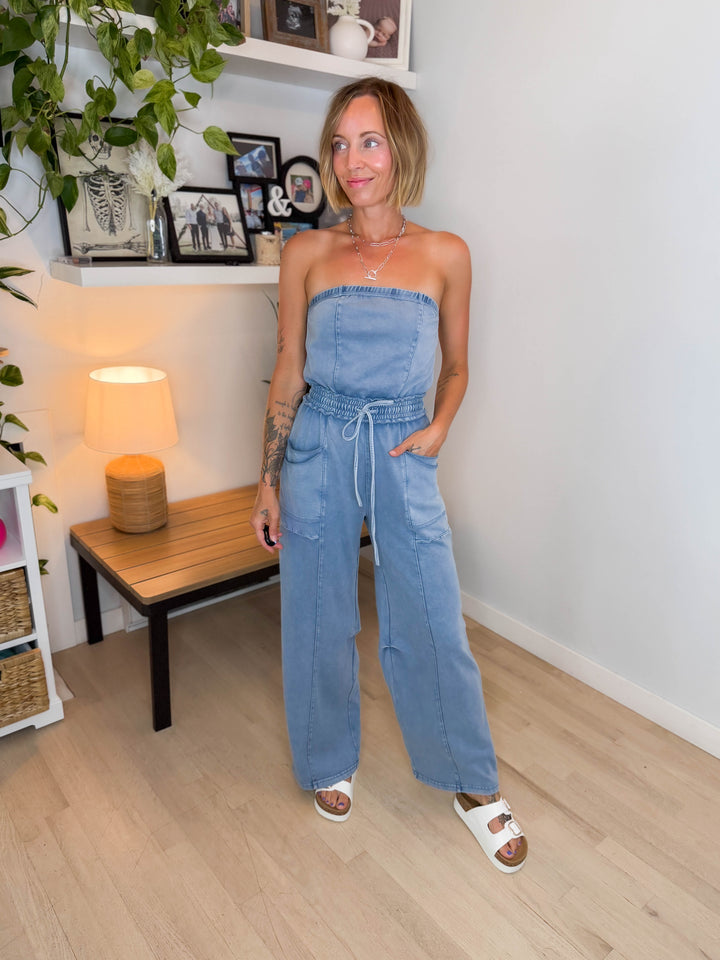 Bahia Washed Strapless Jumpsuit- LIGHT DENIM