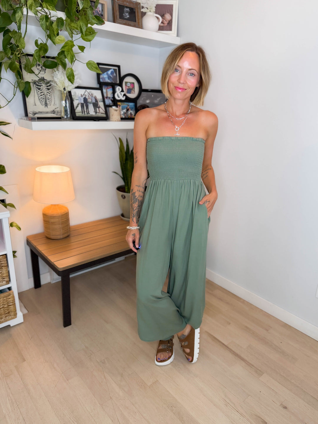 Quiver Strapless Wide Leg Jumpsuit- OLIVE