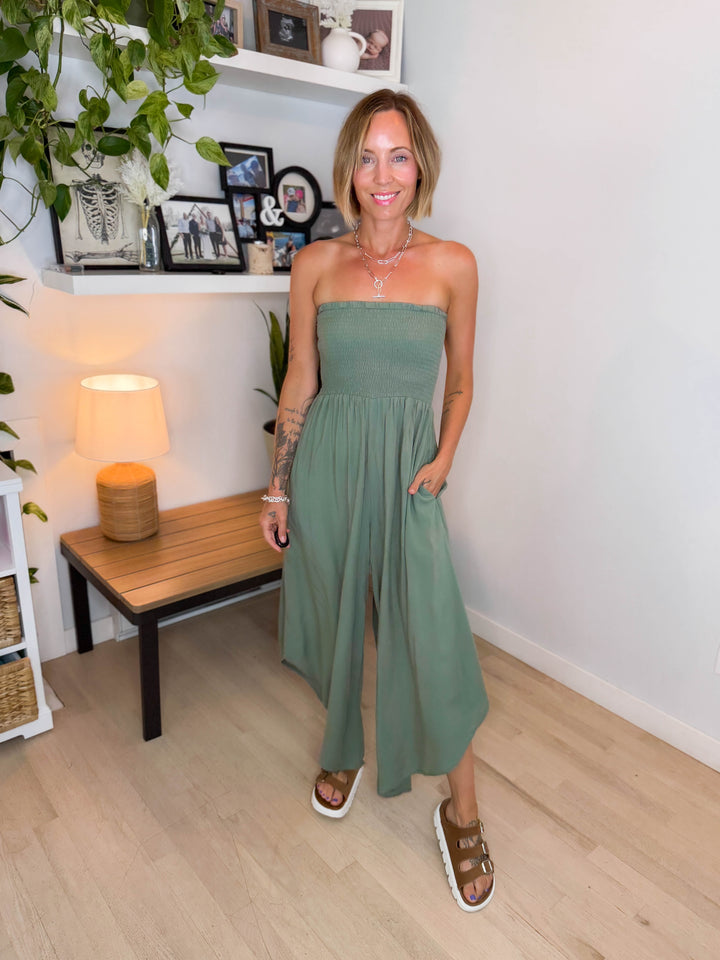 Quiver Strapless Wide Leg Jumpsuit- OLIVE