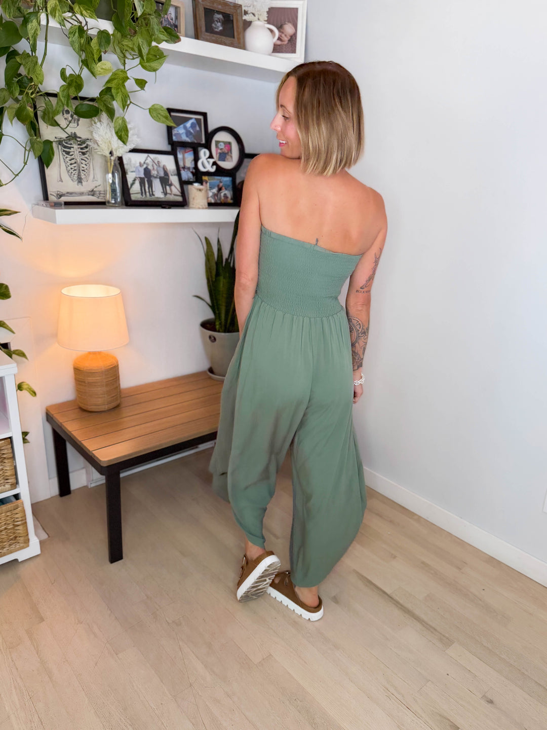 Quiver Strapless Wide Leg Jumpsuit- OLIVE