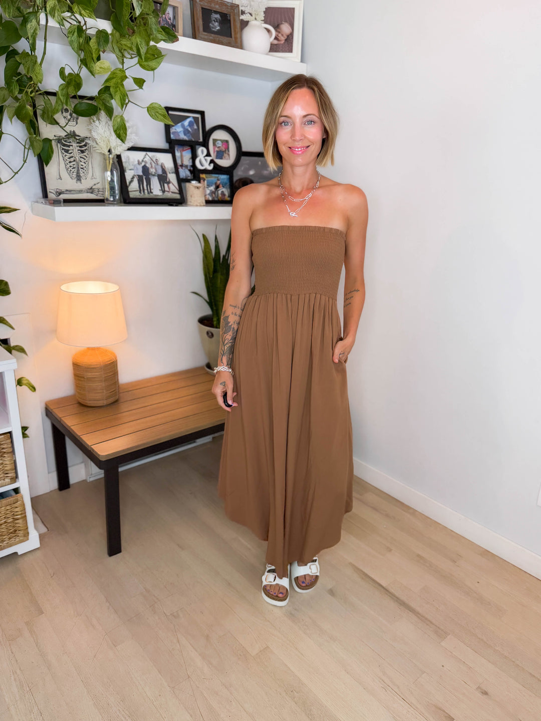 Quiver Strapless Wide Leg Jumpsuit- AMBER BROWN