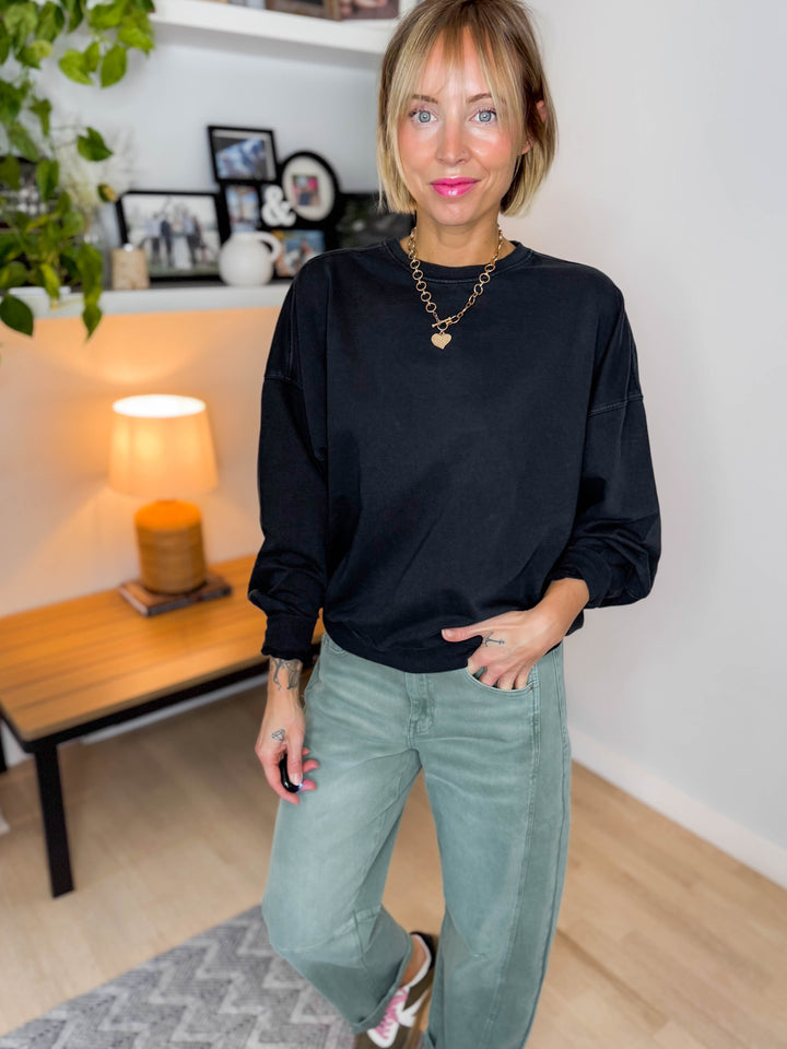 Madison Washed Cotton Pullover- BLACK-FINAL SALE