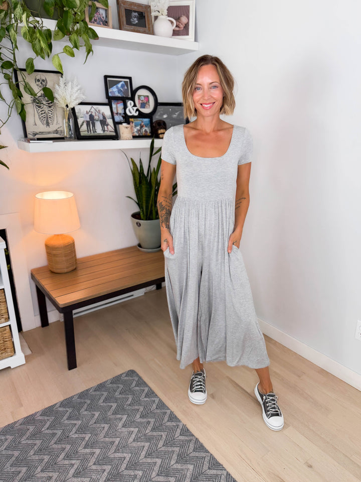 Winslet Double Layered Short Sleeve Jumpsuit- HEATHER GREY