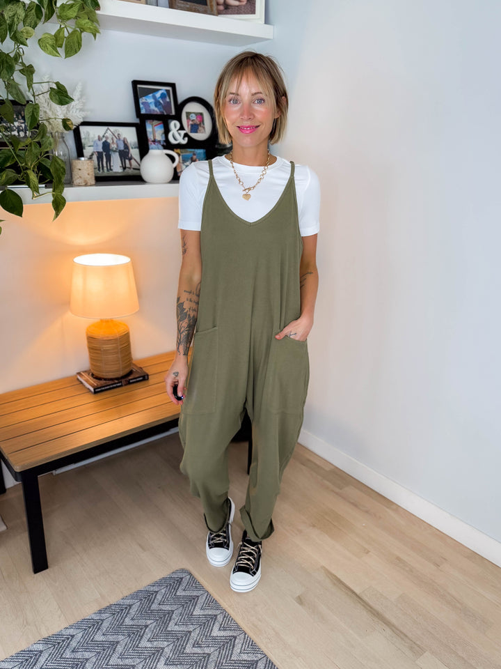 Reece Rib Knit Jumpsuit- OLIVE-FINAL SALE