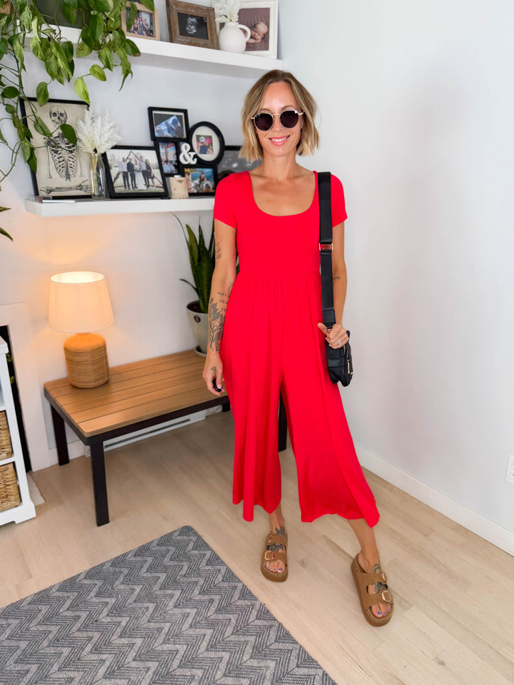 Winslet Double Layered Short Sleeve Jumpsuit- RUBY