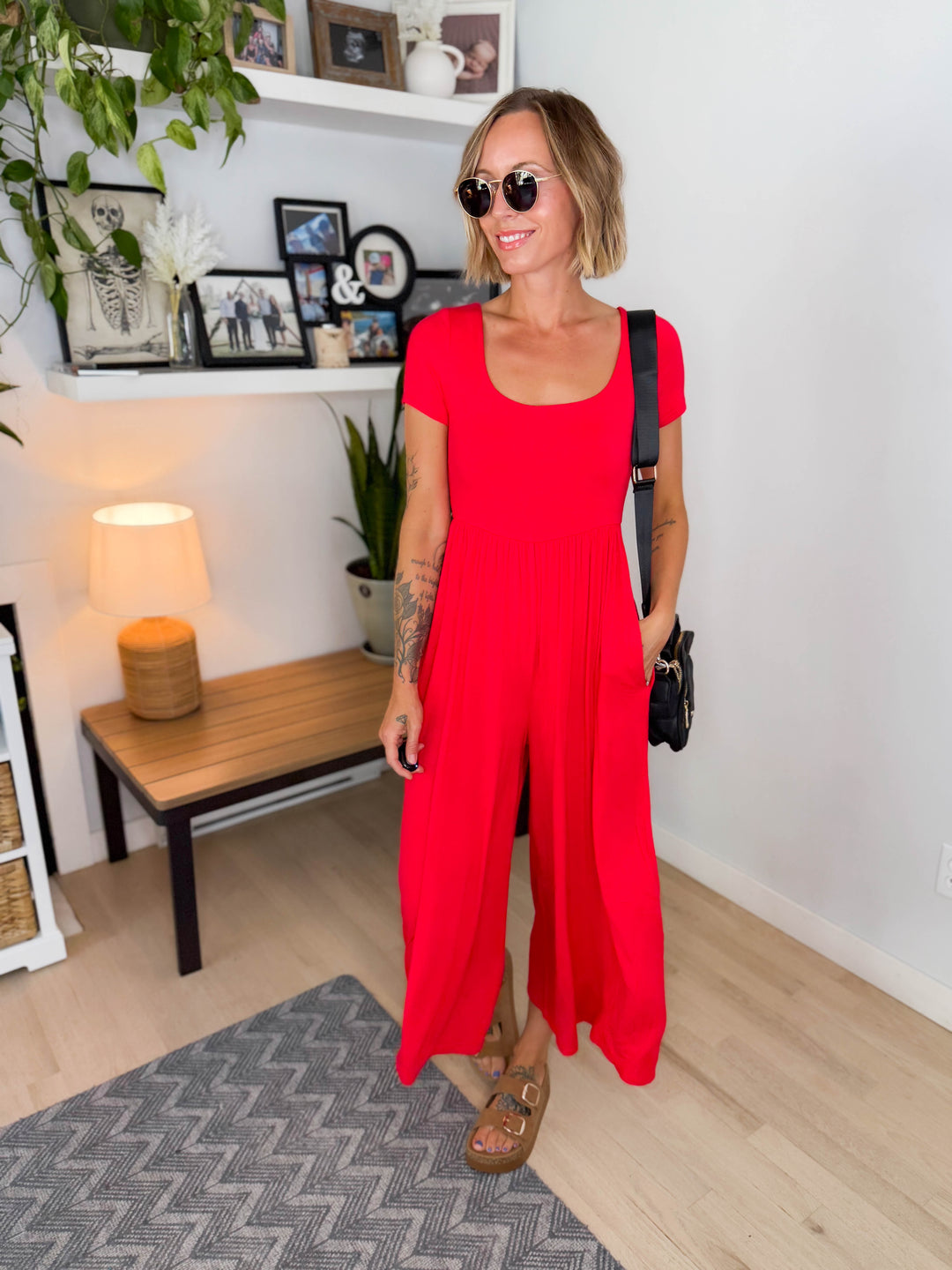 Winslet Double Layered Short Sleeve Jumpsuit- RUBY