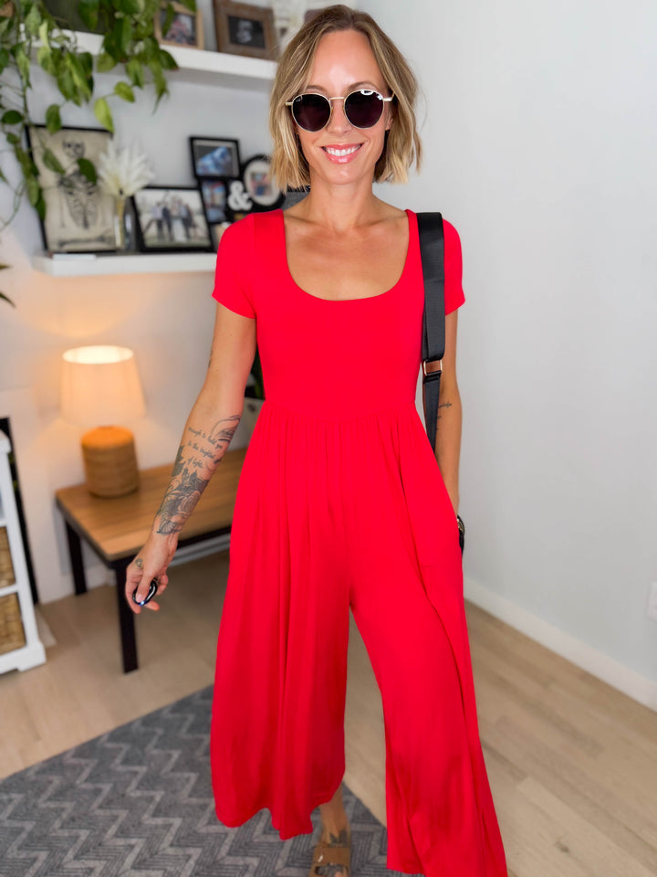 Winslet Double Layered Short Sleeve Jumpsuit- RUBY