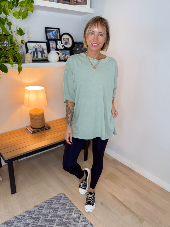 Keri Washed Cotton Boyfriend Tee- SAGE GREEN-FINAL SALE