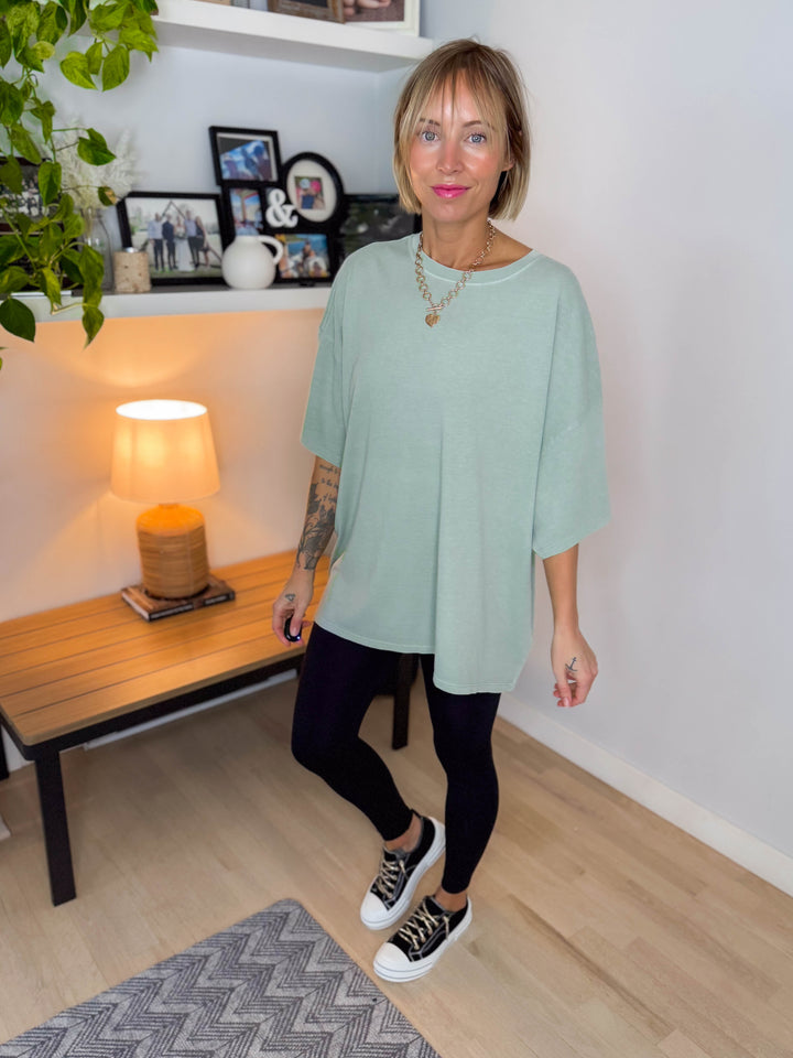 Keri Washed Cotton Boyfriend Tee- SAGE GREEN-FINAL SALE