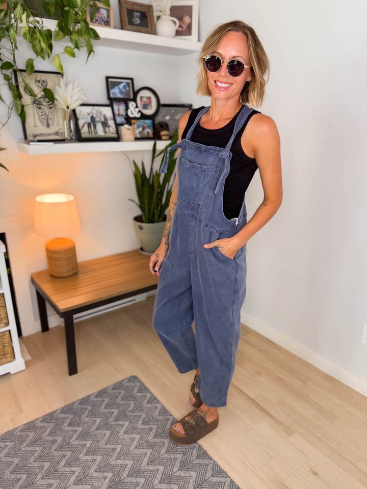 Story Washed Knot Strap Relaxed Fit Overalls- BLACKBERRY-FINAL SALE