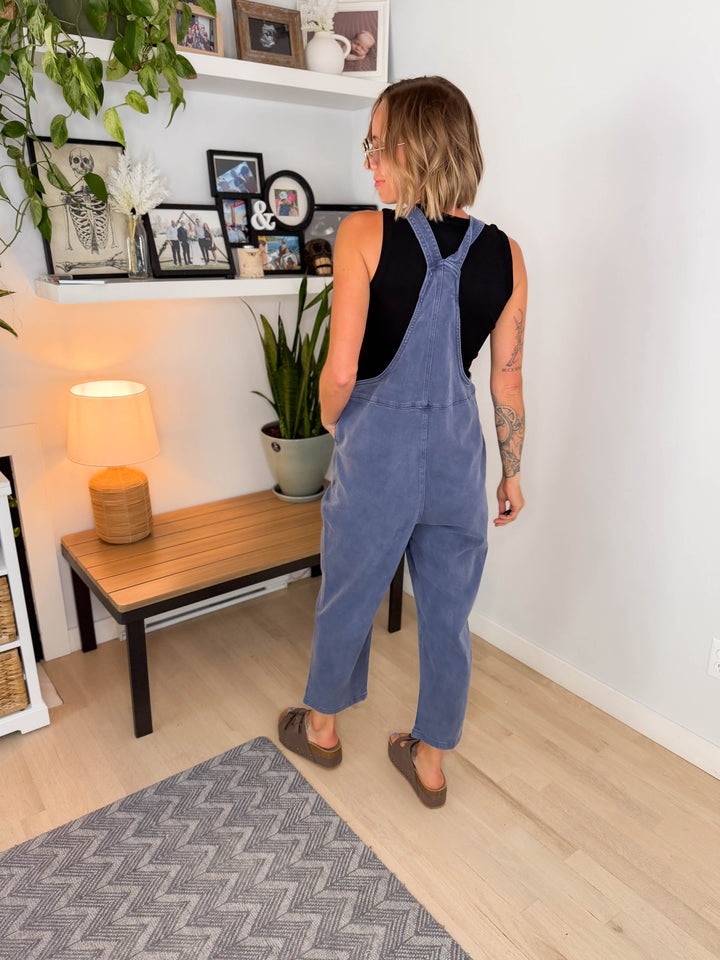 Story Washed Knot Strap Relaxed Fit Overalls- BLACKBERRY-FINAL SALE