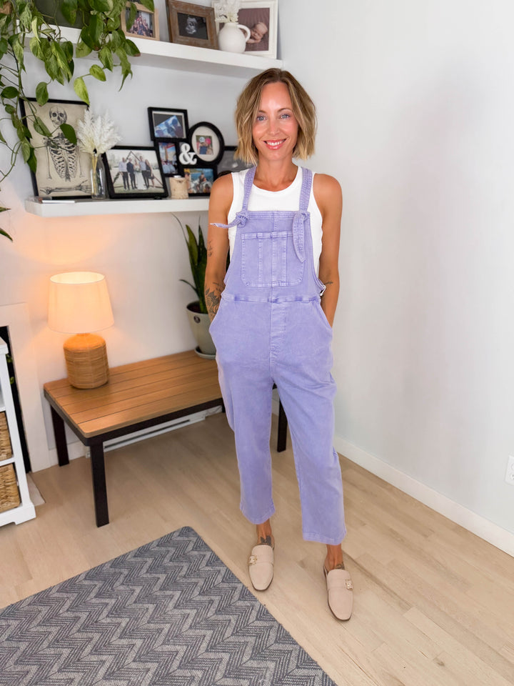 Story Washed Knot Strap Relaxed Fit Overalls- VIOLET-FINAL SALE