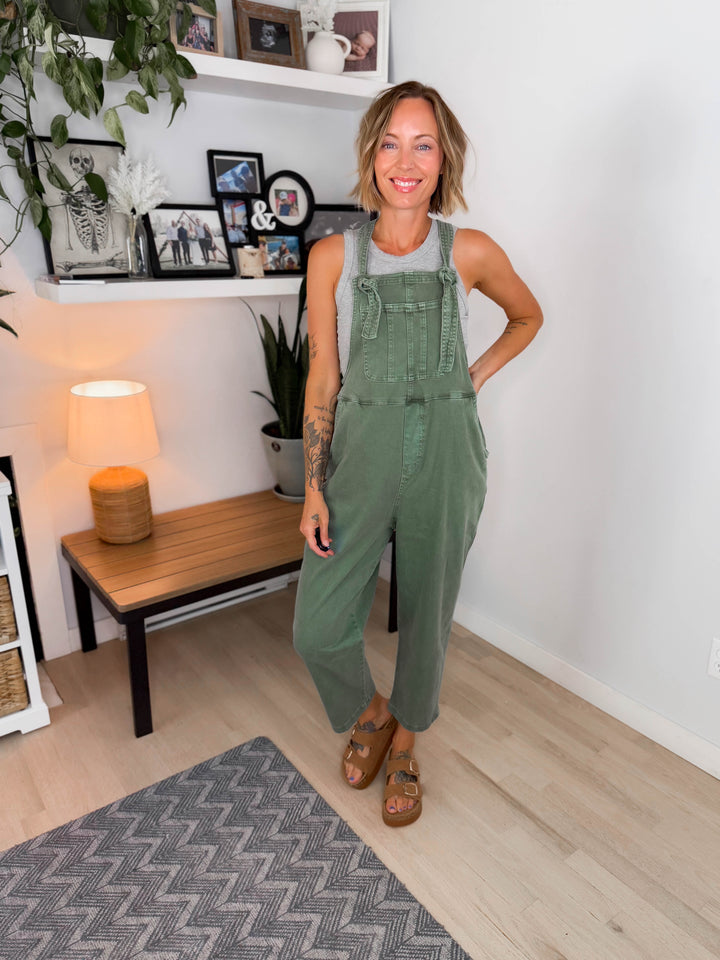 Story Washed Knot Strap Relaxed Fit Overalls- OLIVE-FINAL SALE