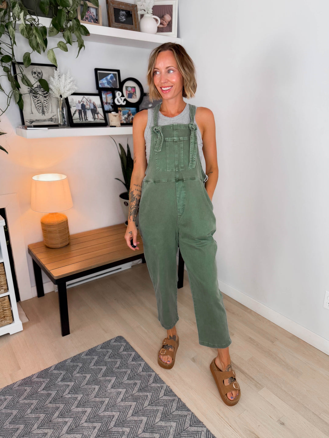 Story Washed Knot Strap Relaxed Fit Overalls- OLIVE-FINAL SALE
