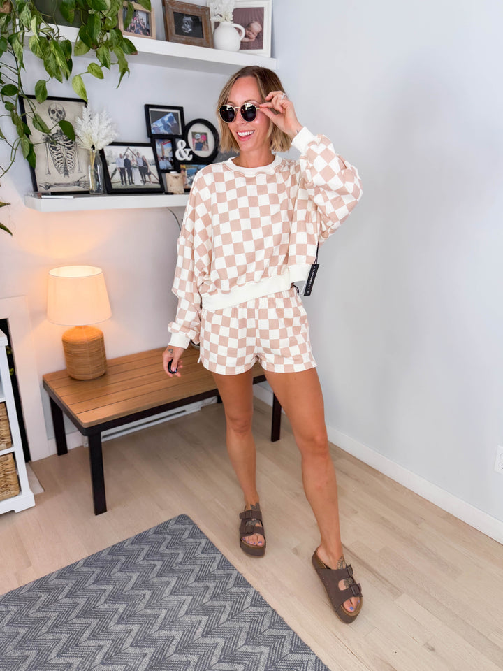 Bianca Checkered Shorts Set- BEIGE CHECKERED