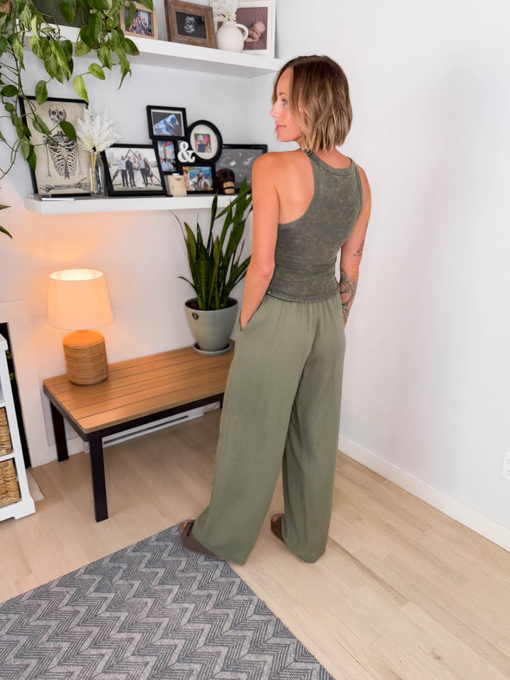 Maui Linen Blend Drawstring Pant- LT OLIVE