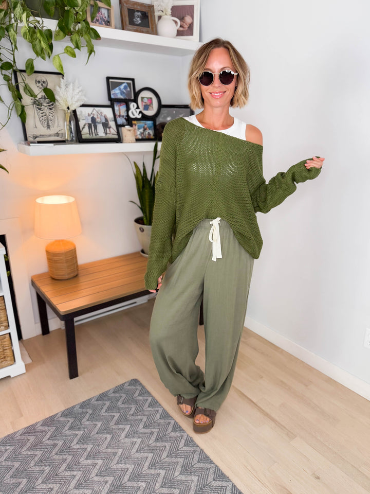 Cambria Long Sleeve V-Neck Cable Knit Sweater- GREEN