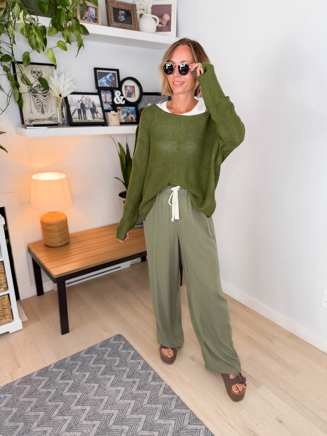Cambria Long Sleeve V-Neck Cable Knit Sweater- GREEN