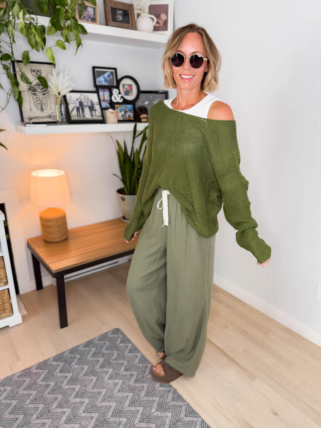 Cambria Long Sleeve V-Neck Cable Knit Sweater- GREEN