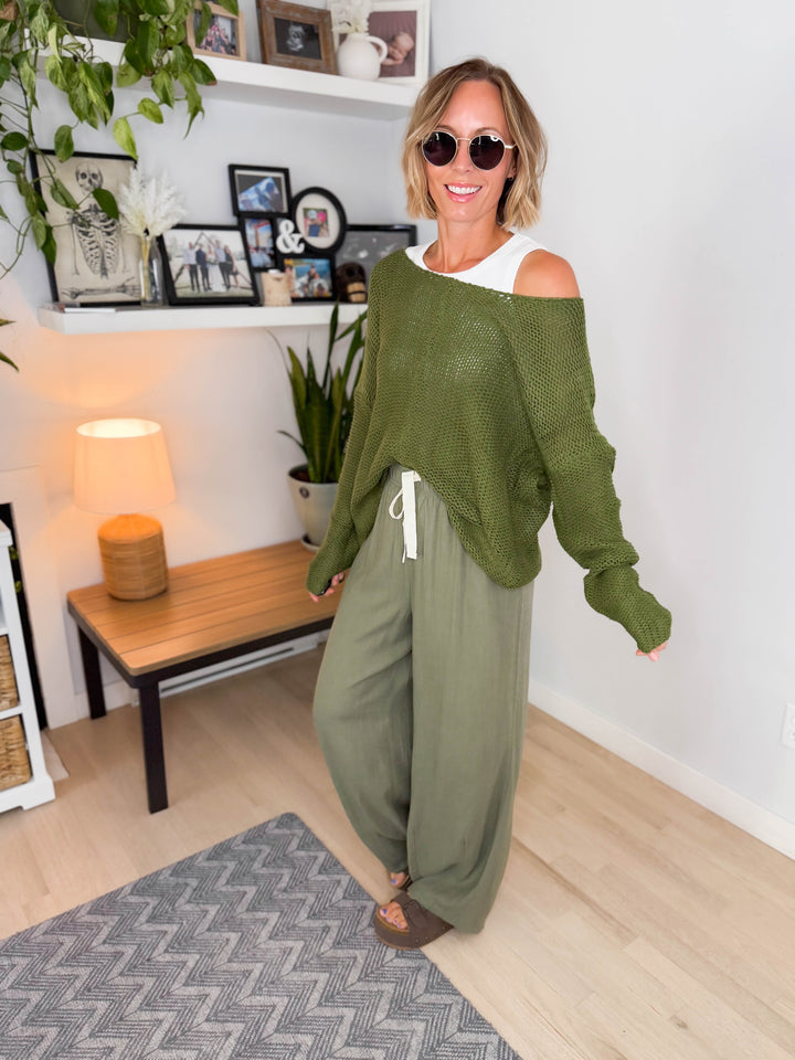 Cambria Long Sleeve V-Neck Cable Knit Sweater- GREEN