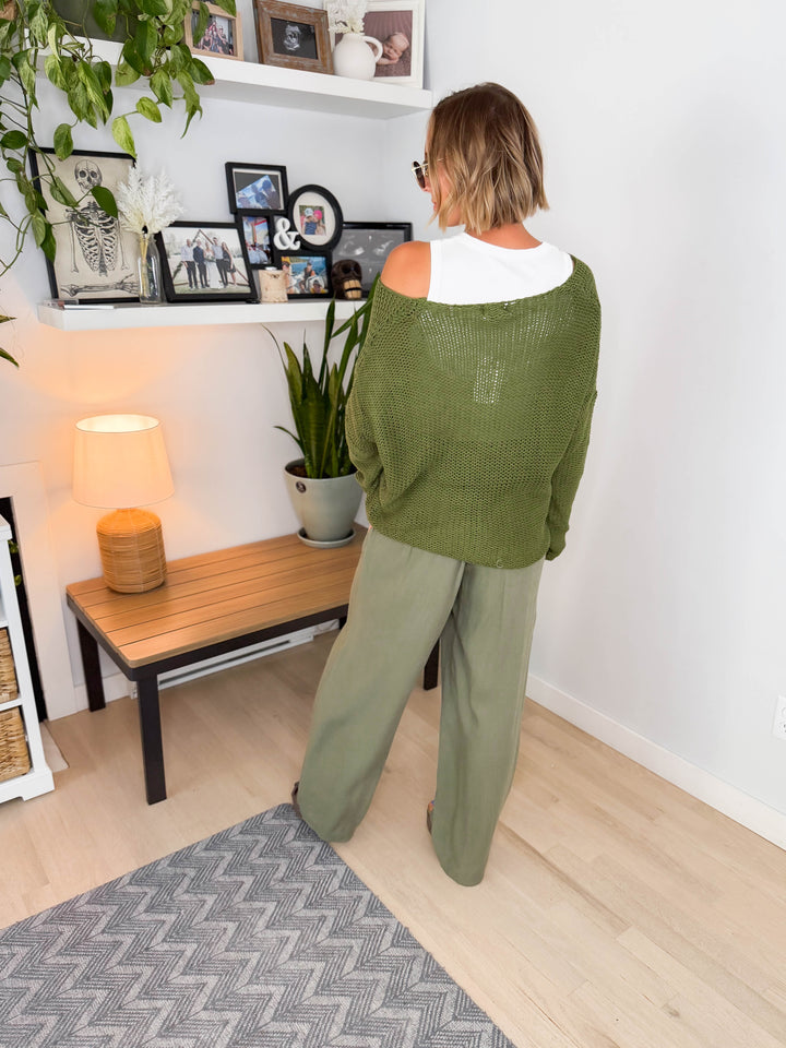 Cambria Long Sleeve V-Neck Cable Knit Sweater- GREEN