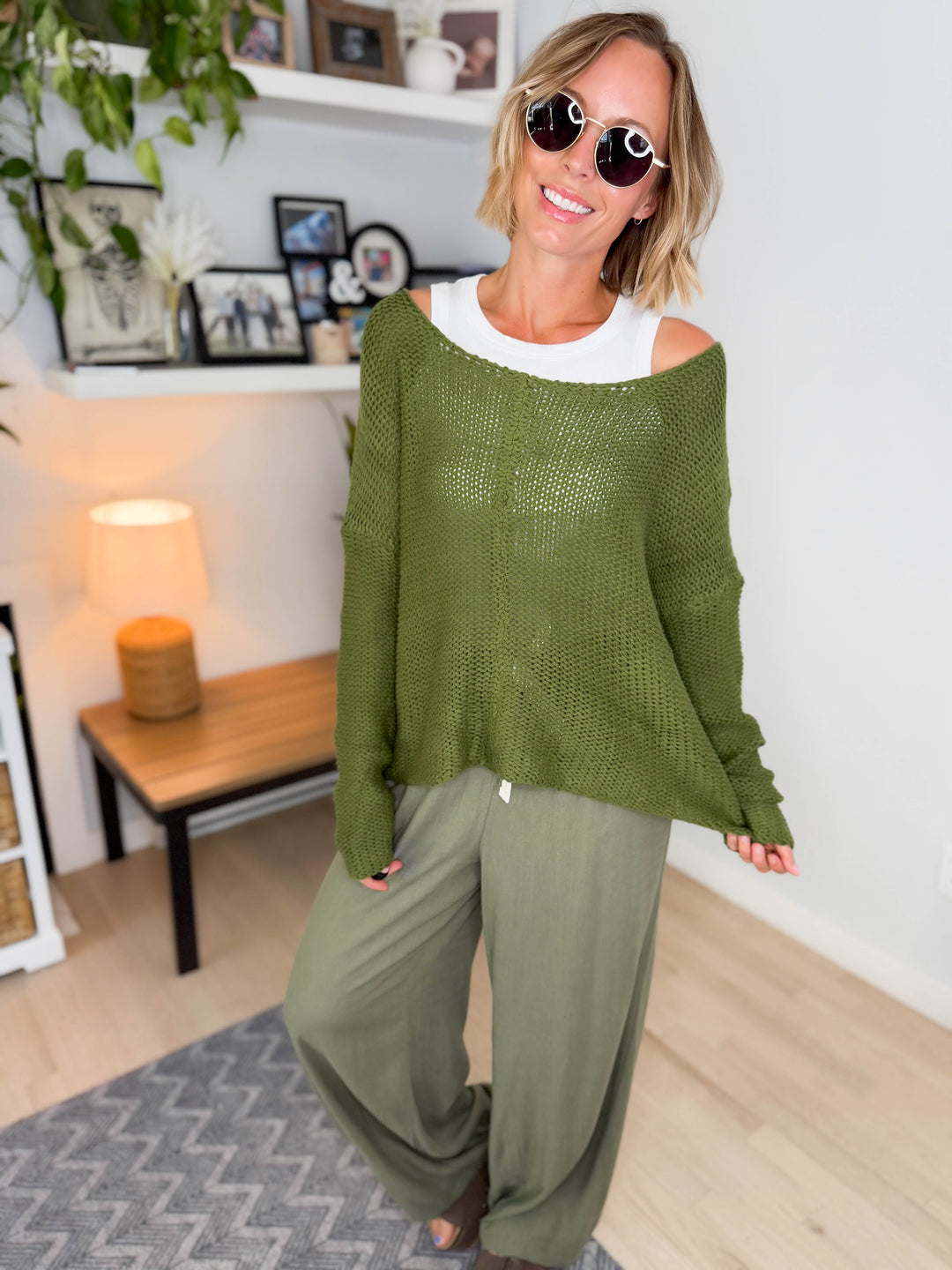 Cambria Long Sleeve V-Neck Cable Knit Sweater- GREEN