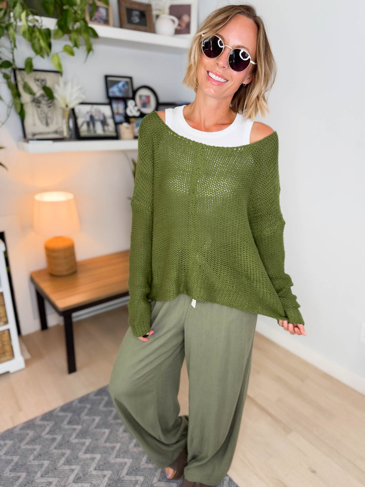 Cambria Long Sleeve V-Neck Cable Knit Sweater- GREEN