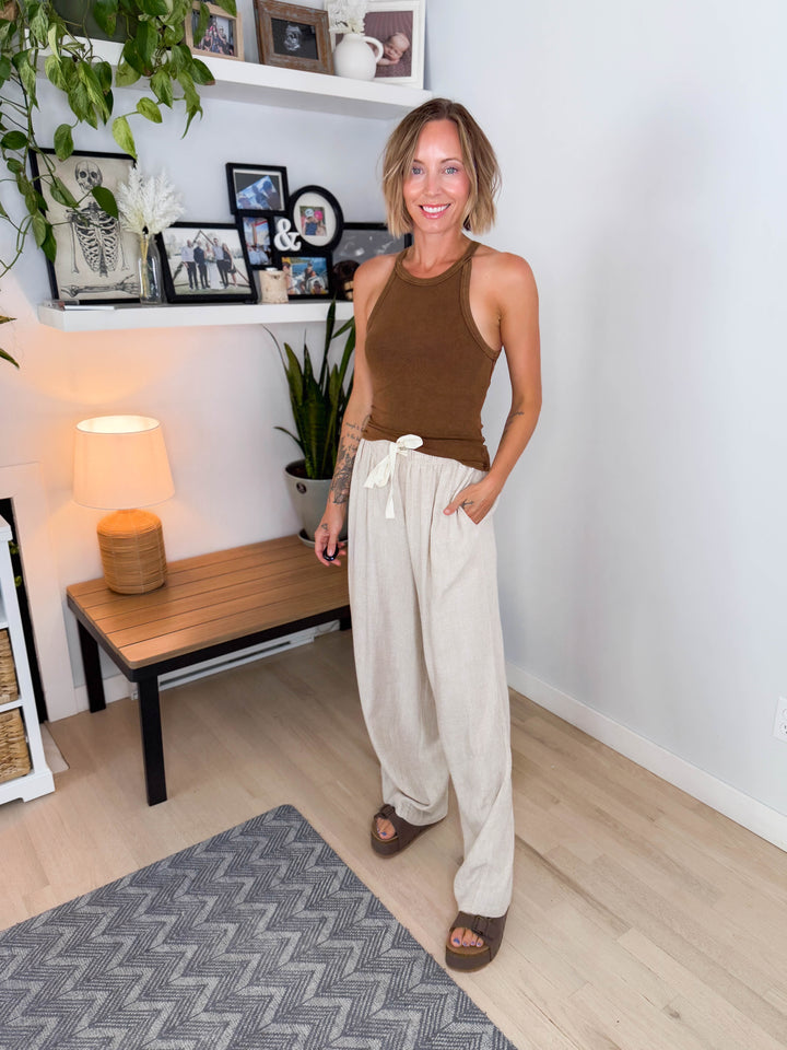 Maui Linen Blend Drawstring Pant- OATMEAL