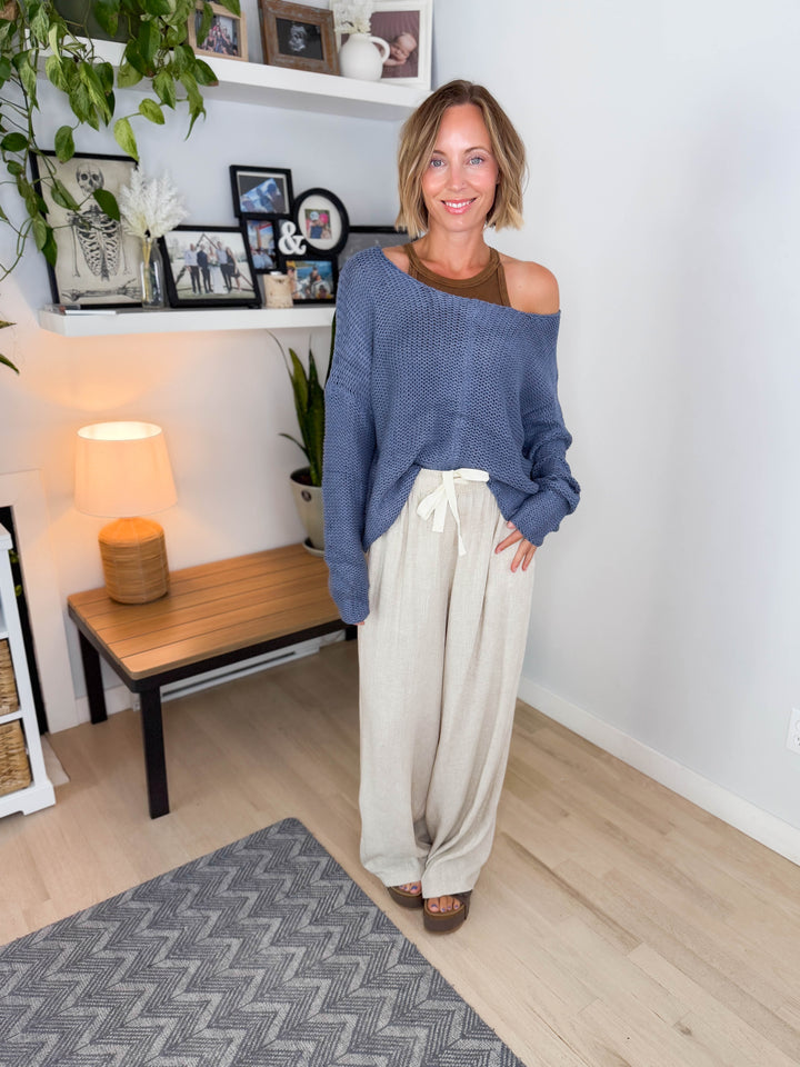 Cambria Long Sleeve V-Neck Cable Knit Sweater- BLUE/GREY