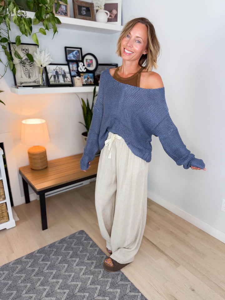 Cambria Long Sleeve V-Neck Cable Knit Sweater- BLUE/GREY