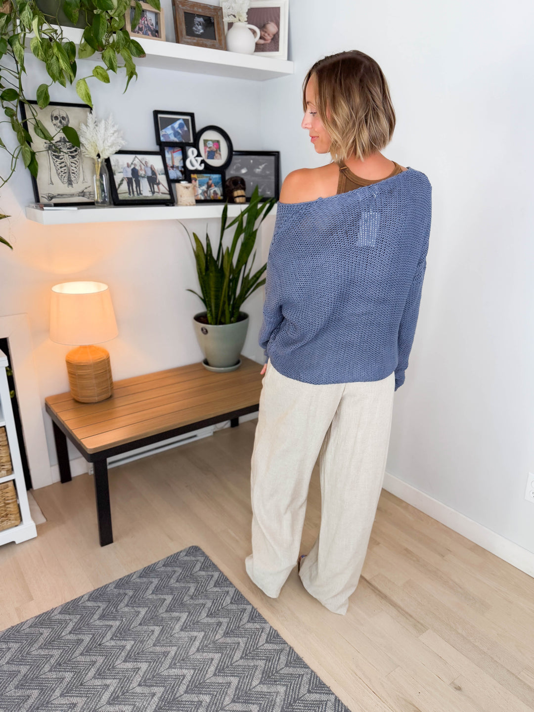 Cambria Long Sleeve V-Neck Cable Knit Sweater- BLUE/GREY