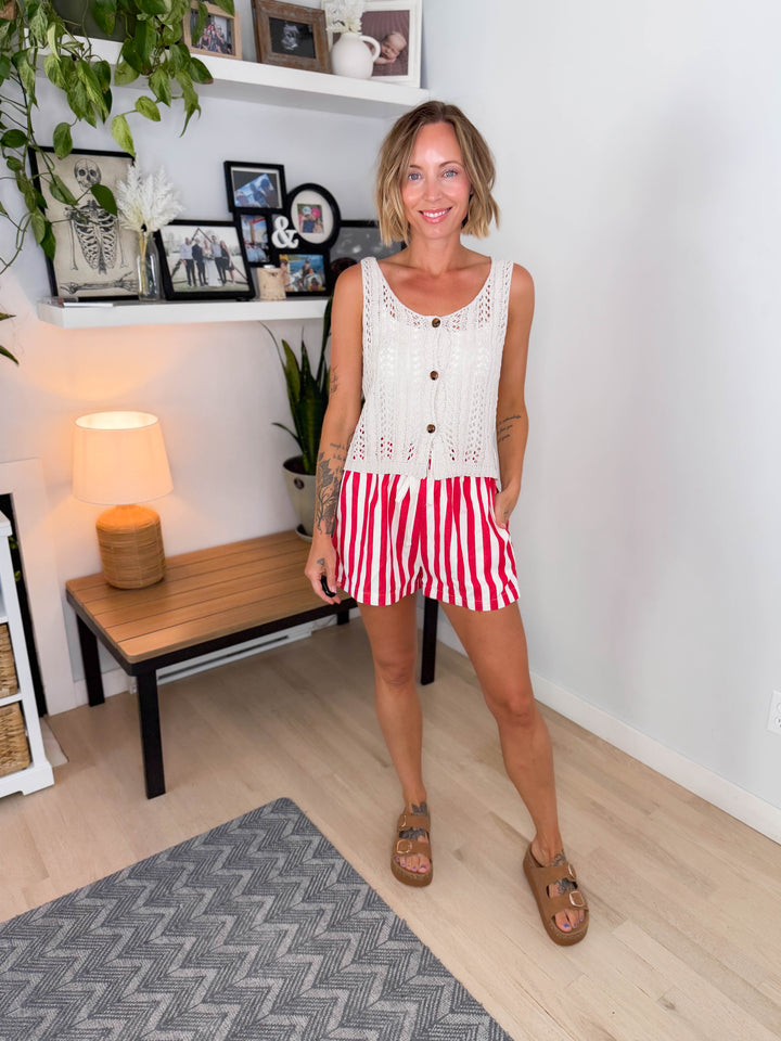 Maria Stripe Twill Denim Shorts- RED-FINAL SALE