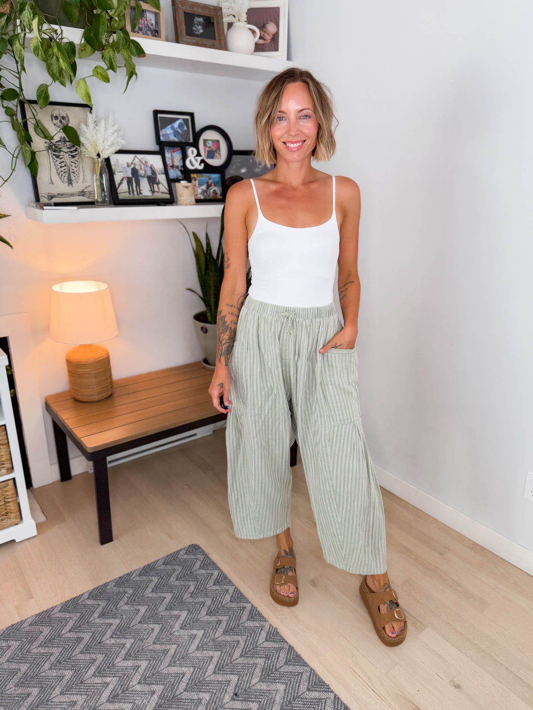 Wanderlust Cotton Boho Stripe Pants- SAGE