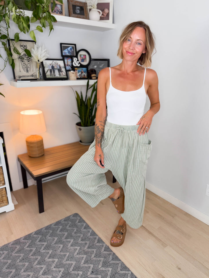Wanderlust Cotton Boho Stripe Pants- SAGE