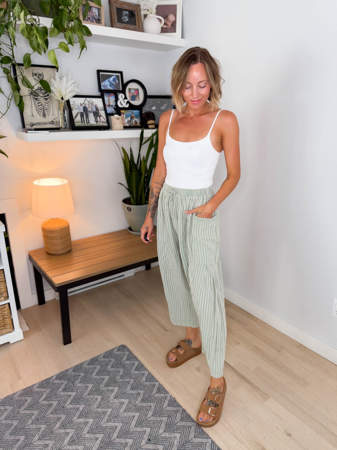 Wanderlust Cotton Boho Stripe Pants- SAGE