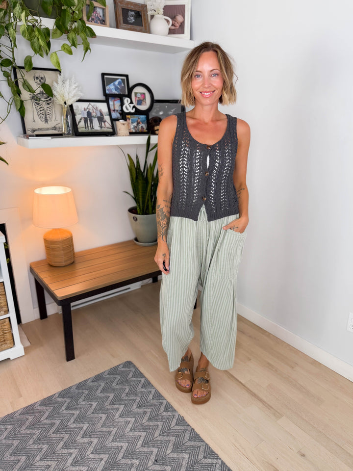 Kesha Crochet Knit Button Front Top- DARK GREY