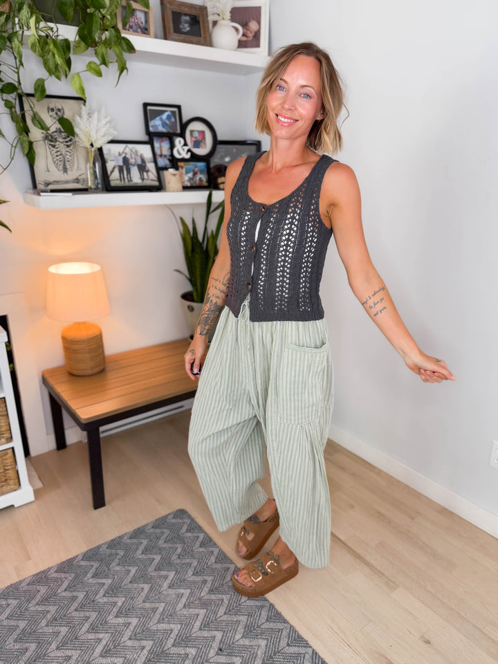 Kesha Crochet Knit Button Front Top- DARK GREY