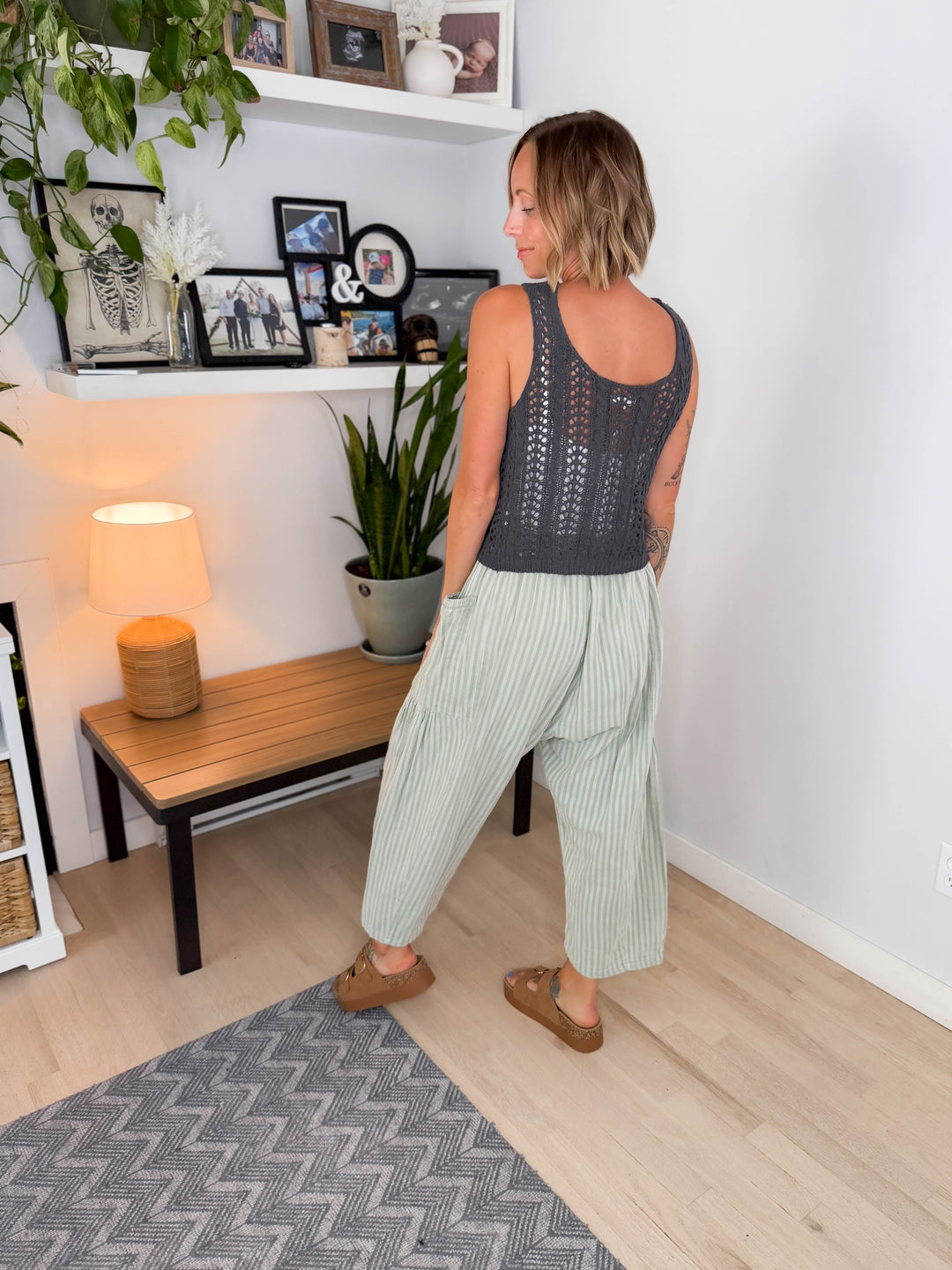 Kesha Crochet Knit Button Front Top- DARK GREY