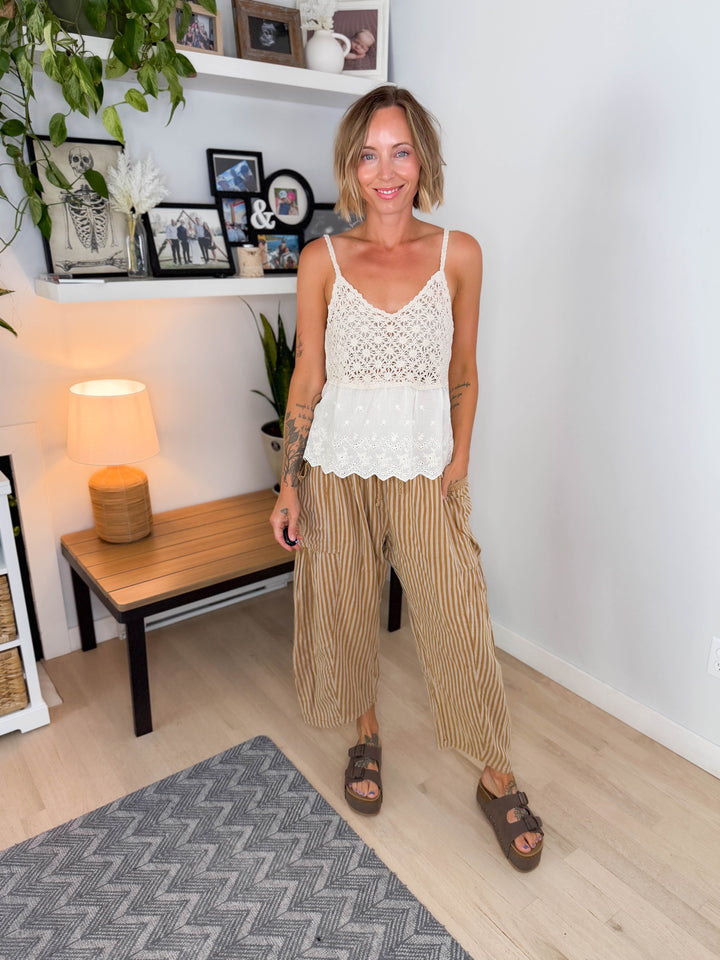 Wanderlust Cotton Boho Stripe Pants- TAUPE