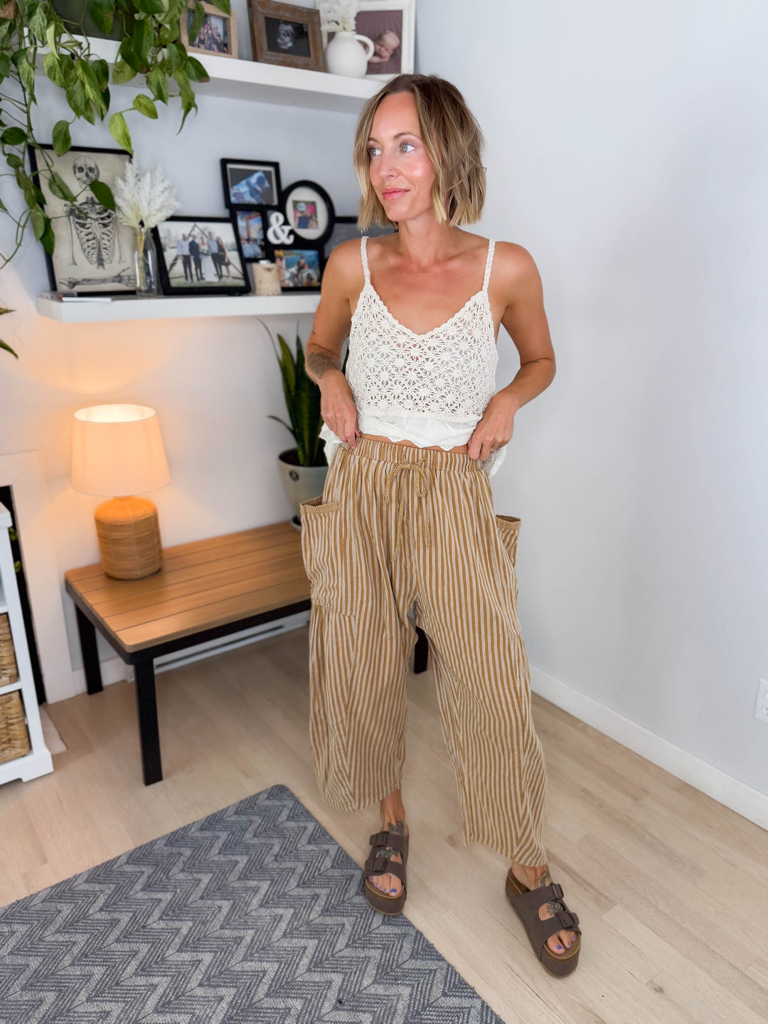 Wanderlust Cotton Boho Stripe Pants- TAUPE