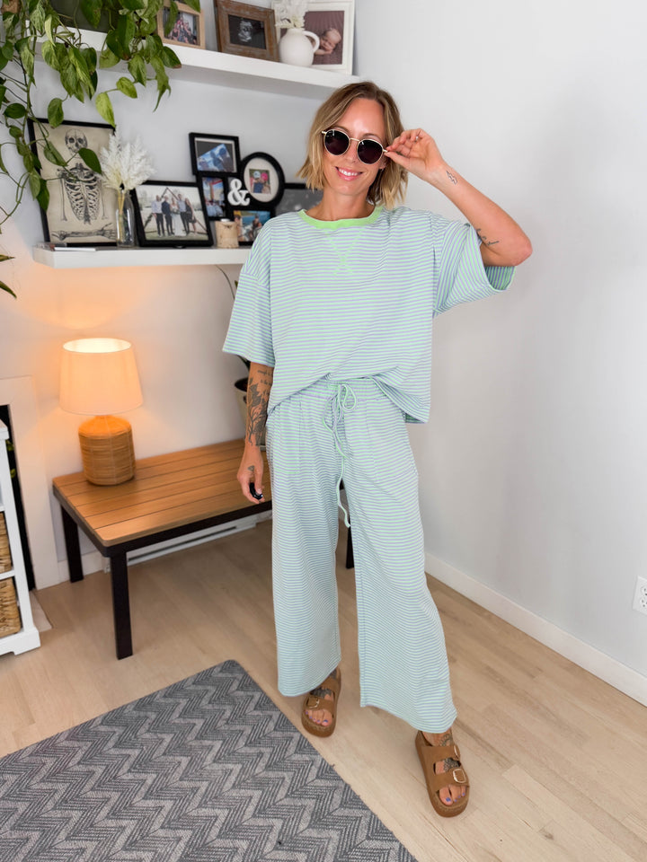 Anahi Striped Stretch Cotton Top and Pants Set- MINT/LILAC-FINAL SALE *S*