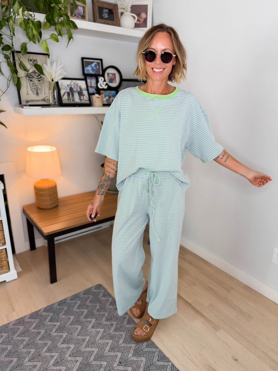Anahi Striped Stretch Cotton Top and Pants Set- MINT/LILAC-FINAL SALE *S*