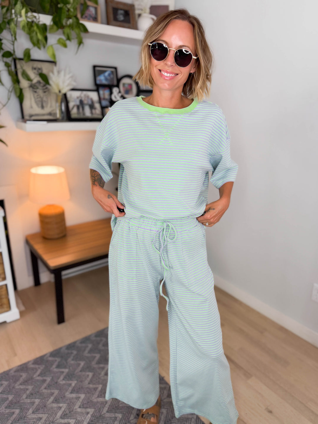Anahi Striped Stretch Cotton Top and Pants Set- MINT/LILAC-FINAL SALE *S*