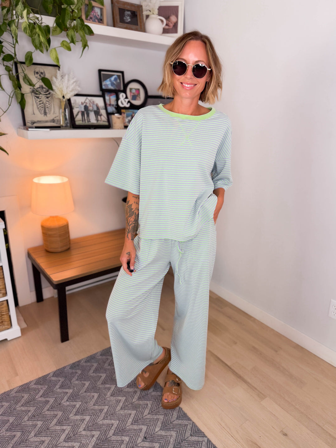 Anahi Striped Stretch Cotton Top and Pants Set- MINT/LILAC-FINAL SALE *S*