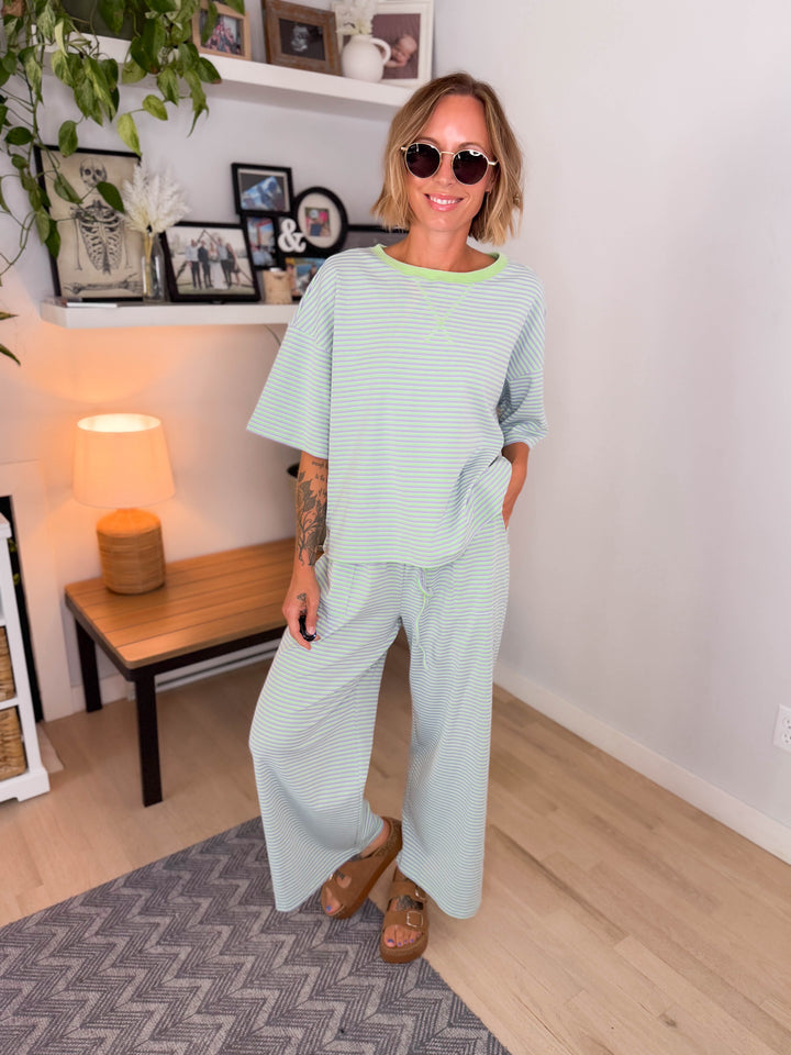 Anahi Striped Stretch Cotton Top and Pants Set- MINT/LILAC-FINAL SALE *S*