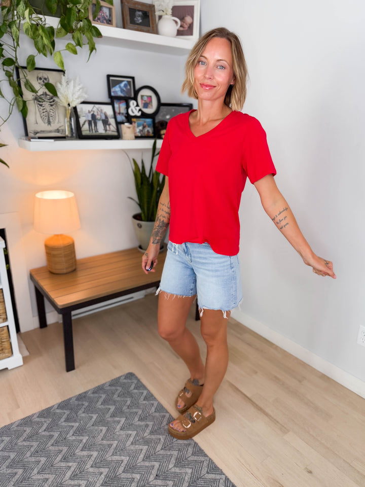 Mono B Raya Pima Cotton V-Neck Tee- SMITTEN CHERRY