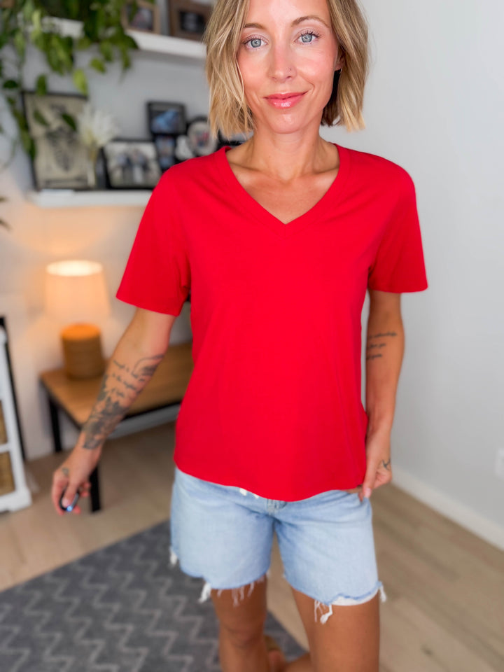 Mono B Raya Pima Cotton V-Neck Tee- SMITTEN CHERRY