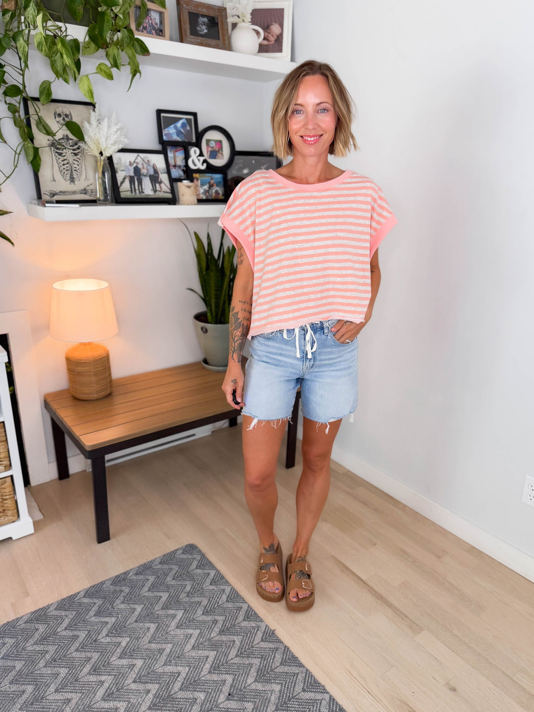 Melissa Striped Terry Open Back Top- PEACH/HEATHER OATMEAL