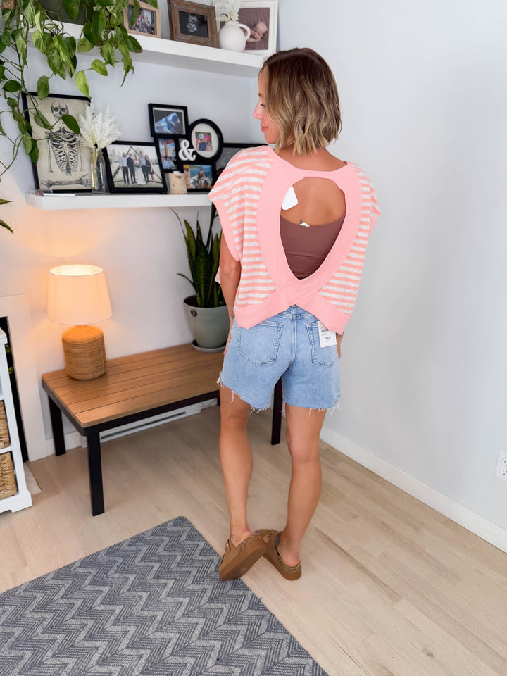 Melissa Striped Terry Open Back Top- PEACH/HEATHER OATMEAL