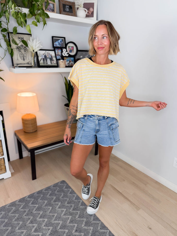 Melissa Striped Terry Open Back Top- YELLOW/HEATHER OATMEAL